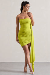 Lime Ruched Asymmetric Mini Dress With Sash